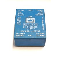 TRANSFORMATEUR MOULE BLEU, IN: 2X(0-345V /0,009A) OUT: (0-23V /1VA /0,04AT) (0-50V /3VA /0,063AT)